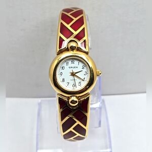 Womens Vintage Gruen Watch Gold Tone Red Enamel Bracelet Quartz New Battery Runs